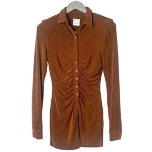 Rust Brown Long-Sleeve Ruched Mini Dress